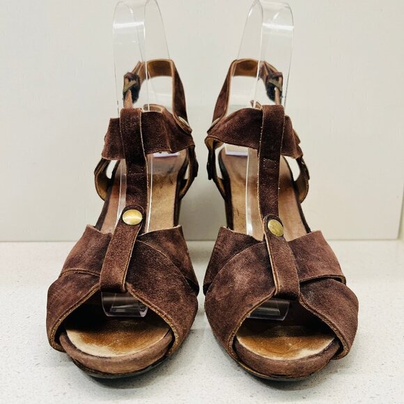 Moma Brown Suede Leather Wedges Sandals Heels TStrap Ankle Made in Italy Sz 38 - Picture 3 of 16